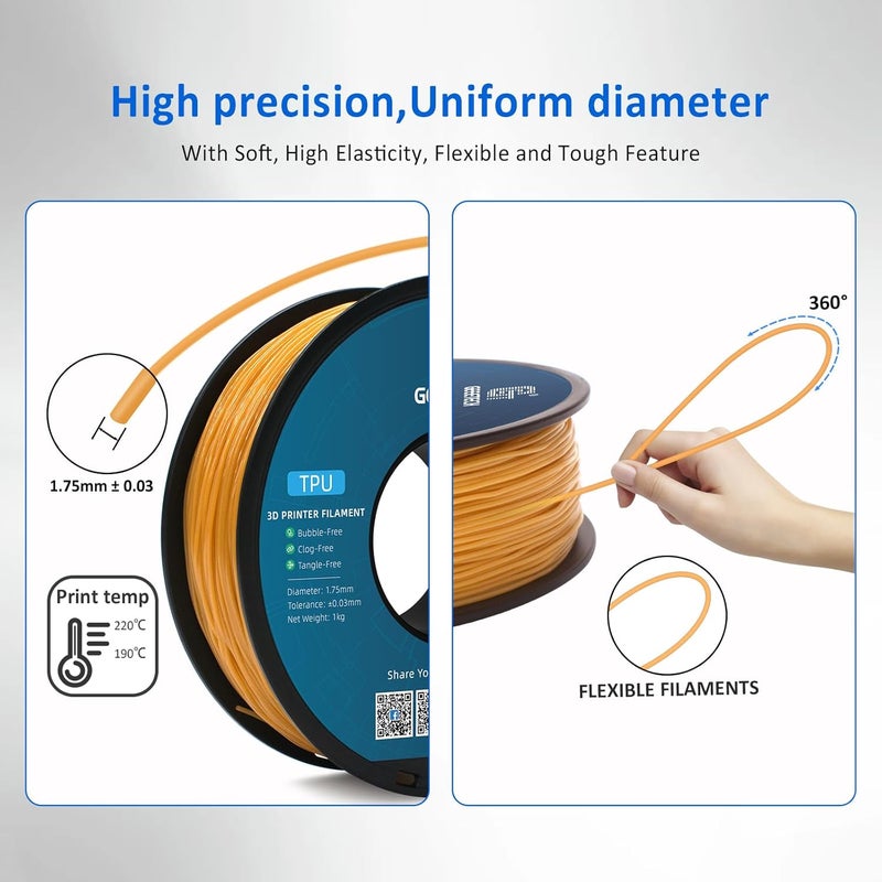 Geeetech TPU Filament 1.75mm, Shore 95A – Flexible 3D Printer Filament with High Elasticity, 1KG (2.2lbs) Spool, Dimensional Accuracy ±0.03mm, Fits Most FDM Printers (Gold) - Image 4